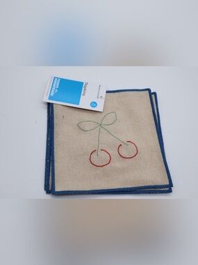Room Essentials Cream Napkins with Blue Trim and Red Cherry Embroidery